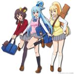  :d :i alternate_hairstyle aqua_(konosuba) bag bag_charm between_breasts black_hair black_legwear blonde_hair blue_eyes blue_hair bow bowtie breasts brown_hair character_doll charm_(object) chomusuke contemporary darkness_(konosuba) hair_bobbles hair_ornament hair_rings hand_on_hip kneehighs kono_subarashii_sekai_ni_shukufuku_wo! leg_up loafers long_hair long_legs megumin mismatched_legwear multiple_girls official_art open_mouth pink_sweater plaid plaid_skirt pleated_skirt ponytail red_eyes satou_kazuma school_bag school_uniform shoes short_hair_with_long_locks short_ponytail single_thighhigh skirt smile standing standing_on_one_leg strap_cleavage stuffed_toy sweater sweater_vest thighhighs weapon_bag white_background white_legwear x_hair_ornament 