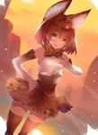  animal_ears armpits bangs bare_shoulders blush bow bowtie commentary_request cowboy_shot elbow_gloves gloves hand_on_hip high-waist_skirt hitaki_yuu kemono_friends looking_at_viewer open_mouth print_neckwear serval_(kemono_friends) serval_ears serval_print shirt short_hair skirt sleeveless sleeveless_shirt solo thighhighs white_gloves yellow_bow yellow_legwear yellow_neckwear 