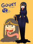  blue_hair blush_stickers breasts character_name dress gooey hips kirby_(series) large_breasts long_dress long_hair long_tongue personification rariatto_(ganguri) simple_background slender_waist smile tongue wall-eyed wide_sleeves yellow_background 
