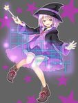  absurdres bad_id bad_pixiv_id blush eyebrows_visible_through_hair full_body highres holding holding_wand long_sleeves looking_at_viewer nanakusa_amane necktie open_mouth original pink_hair purple_eyes red_neckwear short_hair smile wand witch 