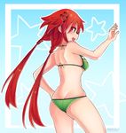  ass bikini blush breasts cleavage hair_ornament hairclip highres long_hair mahruru medium_breasts neptune_(series) red_hair shin_jigen_game_neptune_vii smile solo striped striped_bikini swimsuit tennouboshi_uzume twintails 