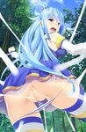  aqua_(konosuba) ass bare_shoulders blue_eyes blue_hair blue_sky blush breasts censored day detached_sleeves forest from_behind from_below hair_rings highres homu_(seven_deadly_sins) kono_subarashii_sekai_ni_shukufuku_wo! large_breasts long_hair miniskirt mosaic_censoring nature open_mouth outdoors panties panty_pull pussy restrained skirt sky solo striped striped_panties thighhighs tree underwear very_long_hair 