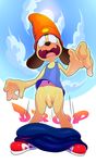  anthro balls beanie blush canine clothed clothing dog embarrassed flaccid foreskin front_view gerkk hat hi_res humanoid_penis male mammal open_mouth pants_down parappa parappa_the_rapper partially_clothed penis shirt sneakers solo sweat sweatdrop tank_top uncut vein veiny_penis video_games wardrobe_malfunction wide_eyed 