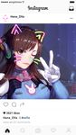  ;3 animal_print bad_id bad_pixiv_id bangs battery bodysuit breasts brown_eyes brown_hair bunny_print character_name closed_mouth d.va_(overwatch) face_filter facepaint facial_mark factory fake_screenshot gloves hanato_(seonoaiko) headphones highres indoors instagram long_hair looking_at_viewer medium_breasts one_eye_closed overwatch phone_screen pilot_suit pose ribbed_bodysuit self_shot shoulder_pads skin_tight smile solo swept_bangs upper_body v whisker_markings white_gloves 