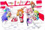  check_commentary commentary commentary_request fast_food food french_fries freyja_wion green_hair hamburger heart highres in-n-out_burger kaname_buccaneer macross macross_delta makina_nakajima mikumo_guynemer multicolored_hair open_mouth palm_tree pink_hair purple_hair red_eyes red_hair reina_prowler renato_rivera_rusca seiyuu_connection side_ponytail tree two-tone_hair 