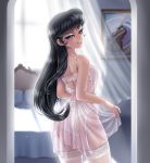  1girl back bangs bed bedroom black_hair bra breasts curly_hair curry earrings eyeshadow food from_behind garter_belt jewelry light_particles lingerie long_hair looking_at_viewer looking_back makeup medium_breasts my_little_pony my_little_pony_friendship_is_magic nightgown octavia_melody painting_(object) panties parted_lips personification purple_eyes racoon-kun raised_eyebrow smile smirk solo stud_earrings swept_bangs thighhighs underwear very_long_hair white_bra white_legwear white_panties window 