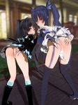  2girls ass bare_shoulders bent_over black_hair blue_hair blush boots breasts bridal_gauntlets choujigen_game_neptune choujigen_game_neptune_mk2 dress fingerless_gloves from_behind garter_straps gloves grin hair_ribbon hand_on_ass leaning leaning_forward long_hair looking_at_viewer looking_back multiple_girls neptune_(series) noire open_mouth panties red_eyes siblings sideboob sisters skirt smile takutaku tears thigh_boots thighhighs thong twintails underwear uni_(choujigen_game_neptune) upskirt very_long_hair 