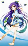  absurdres bangs basket eyebrows_visible_through_hair food frills fruit full_body hair_ornament highres japanese_clothes looking_at_viewer obi open_toe_shoes polka_dot purple_eyes purple_hair sandals sash scan shoes simple_background smile solo tomose_shunsaku wide_sleeves 