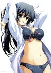 absurdres bangs blue_eyes blue_hair bra breasts cleavage eyebrows_visible_through_hair highres large_breasts long_hair looking_at_viewer mouth_hold navel open_clothes open_shirt scan shirt simple_background smile solo tomose_shunsaku underwear white_background white_shirt 