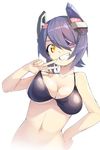  bikini_top black_bikini_top breasts cleavage eyepatch grin hair_over_one_eye halterneck hand_on_hip headgear kantai_collection looking_at_viewer magenta_(atyana) medium_breasts navel purple_hair short_hair simple_background smile solo tenryuu_(kantai_collection) w white_background yellow_eyes 