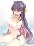  angry bikini black_hair breast_hold breasts cleavage crossed_arms fang hair_between_eyes hair_intakes hair_ribbon hidori_(hibi_toridori) highleg highleg_bikini kantai_collection large_breasts long_hair multicolored_hair naganami_(kantai_collection) open_mouth partially_submerged pink_bikini pink_hair purple_eyes ribbon side-tie_bikini sitting sketch solo string_bikini swimsuit two-tone_hair very_long_hair wariza 