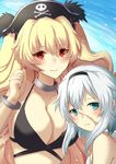  2girls anne_bonny_(fate/grand_order) anne_bonny_(swimsuit_archer)_(fate) bare_shoulders bikini blonde_hair blue_eyes blush breasts cleavage fate/grand_order fate_(series) hairband hat long_hair mary_read_(fate/grand_order) mary_read_(swimsuit_archer)_(fate) multiple_girls red_eyes scar short_hair silver_hair smile 