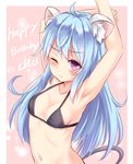  ;&lt; animal_ears armpits arms_up bikini_top black_bikini_top blue_hair blush breasts character_request collarbone happy_birthday long_hair looking_at_viewer navel purple_eyes shimokirin small_breasts solo tail 