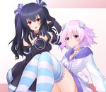  black_hair blush breasts choker closed_mouth d-pad d-pad_hair_ornament dress elbow_gloves gloves hair_ornament hechi_(hechi322) hood hoodie long_hair looking_at_viewer medium_breasts multiple_girls neptune_(choujigen_game_neptune) neptune_(series) open_mouth purple_eyes purple_hair red_eyes short_hair sitting striped striped_legwear thighhighs two_side_up uni_(choujigen_game_neptune) 