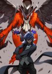  amamiya_ren arsene_(persona_5) black_jacket cravat feathered_wings feathers gloves hat highres jacket jojaow looking_at_viewer mask persona persona_5 red_gloves smile top_hat wings 