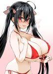  1girl absurdres ahoge asanagi azur_lane bad_anatomy bikini black_hair blush breasts cleavage collarbone commentary_request eyebrows_visible_through_hair front-tie_bikini front-tie_top gradient gradient_background hair_between_eyes hair_ribbon hand_on_own_chest heavy_breathing highres huge_breasts lips long_hair looking_at_viewer micro_bikini navel nose_blush paid_reward pale_skin parted_lips red_bikini red_eyes ribbon shiny shiny_hair side-tie_bikini smile solo strap_gap swimsuit taihou_(azur_lane) tied_hair twintails underboob very_long_hair 