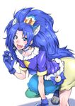  :d absurdres animal_ears big_hair blue_choker blue_eyes blue_gloves blue_hair blue_shirt blush choker commentary_request crown cure_gelato earrings extra_ears fang gggg gloves green_legwear highres jewelry kirakira_precure_a_la_mode kneehighs kneeling lion_ears lion_tail looking_at_viewer magical_girl multicolored multicolored_clothes multicolored_skirt open_mouth precure shirt single_kneehigh skirt smile solo tail tategami_aoi 