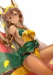  animal_ears between_breasts blurry blush breasts brown_hair dark_skin depth_of_field dress dutch_angle erune granblue_fantasy green_eyes hair_ornament hana_mori long_hair lying medium_breasts nemone on_back petals side_slit sideboob simple_background smile solo strap_cleavage white_background yellow_dress 