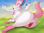  2017 4_toes animal_genitalia anus balls big_butt black_nose blue_eyes blue_fur bow_tie butt canine digital_media_(artwork) eeveelution erection feral fur girly grass hi_res knot lightning looking_at_viewer looking_back lying male mammal nintendo outside pawpads paws penis pink_fur pok&eacute;mon presenting ribbons rottencanines simple_background smile solo sylveon toes video_games white_fur 