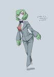  1girl bangs barefoot black_neckwear bow bowtie closed_mouth clothed_pokemon creatures_(company) dated eyes_visible_through_hair female formal full_body game_freak gardevoir gen_3_pokemon green_hair green_skin grey_background grey_jacket grey_pants hair_between_eyes jacket japanese_text long_sleeves looking_to_the_side nayou_ta_zuoji nintendo pants pokemon pokemon_(creature) red_eyes shirt short_hair simple_background solo standing suit translation_request two-tone_skin walking white_shirt white_skin 