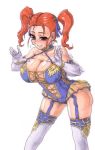  1girl bare_shoulders blush breasts brown_eyes cleavage dragon_quest dragon_quest_viii jessica_albert large_breasts leaning_forward orange_hair parted_lips smile solo standing twintails wrato 