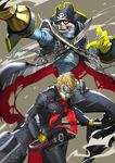  arm_cannon ascot blonde_hair captain_kidd_(persona) chain hat highres jojaow looking_at_viewer mask persona persona_5 pirate_hat sakamoto_ryuuji skull skull_mask smile sword weapon 