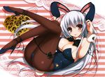  absurdres animal_ears bangs bare_shoulders blush bow bowtie breasts bunny_ears bunny_tail bunnysuit cleavage eyebrows_visible_through_hair fake_animal_ears heart high_heels highres large_breasts leotard long_hair looking_at_viewer pantyhose red_eyes scan smile solo strapless strapless_leotard tail tomose_shunsaku tongue tongue_out white_hair wrist_cuffs 