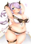  1girl bangs belly blue_eyes blush breasts doraf female fusa_(starless2323) granblue_fantasy hair_over_one_eye horns large_breasts lavender_hair midriff narumeia_(granblue_fantasy) plump pointy_ears simple_background skindentation smile solo standing thick_thighs thigh_strap thighs white_background wide_hips 