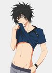  1boy black_hair glasses guranaada looking_at_viewer presenting shirt_lift solo tsuritama undressing 