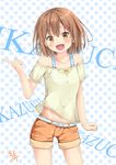  :d alternate_costume belt brown_eyes brown_hair casual character_name collarbone contemporary fang hair_between_eyes highres ikazuchi_(kantai_collection) kantai_collection miko_fly off-shoulder_shirt open_mouth orange_shorts polka_dot polka_dot_background shirt short_hair short_sleeves shorts signature smile solo v-shaped_eyebrows white_shirt 