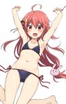  :d \o/ ahoge armpits arms_up bikini bikini_day black_bikini blush bunny_hair_ornament collarbone crescent crescent_hair_ornament fang flat_chest hair_between_eyes hair_ornament kantai_collection long_hair looking_at_viewer low-tied_long_hair nagami_yuu navel open_mouth outstretched_arms red_eyes red_hair side-tie_bikini simple_background smile solo swimsuit uzuki_(kantai_collection) white_background 