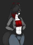  2013 absurd_res anthro black_background black_nose breasts canine clothing countershading digital_media_(artwork) dog female front_view fur green_eyes hair hands_on_hips hi_res kloudmutt long_hair looking_at_viewer mammal multicolored_fur multicolored_hair navel pose simple_background solo standing two_tone_hair white_countershading 