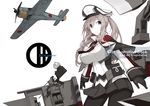  aircraft airplane bangs black_gloves black_skirt blue_eyes breasts capelet closed_mouth gloves graf_zeppelin_(kantai_collection) grey_hair hair_between_eyes hat highres kantai_collection large_breasts long_hair long_sleeves looking_at_viewer mikoto_(oi_plus) military military_uniform military_vehicle pantyhose peaked_cap pleated_skirt rigging simple_background skirt smile solo twintails uniform white_background 