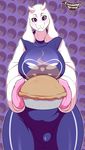  2015 absurd_res anthro big_breasts boss_monster breasts caprine clothed clothing creamygravy digital_media_(artwork) female food front_view fur goat hi_res holding_food holding_object horn long_ears looking_at_viewer mammal pattern_background pie simple_background solo toriel undertale video_games white_fur 