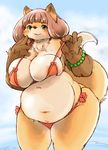 anthro areola big_breasts bikini blush breasts canine clothed clothing female fluffy fox fur green_eyes huge_breasts looking_at_viewer mammal navel overweight pigtails setouchi_kurage skimpy smile solo standing swimsuit thick_thighs voluptuous yellow_fur 