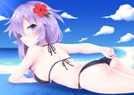  alternate_costume ass beach bikini blue_eyes blush braid breasts cleavage closed_mouth cloud collarbone day hair_ornament highres large_breasts long_hair looking_at_viewer looking_back lying neptune_(series) on_stomach power_symbol purple_bikini purple_hair purple_heart ribbon shikapiro sky smile solo swimsuit symbol-shaped_pupils tied_hair twin_braids very_long_hair 