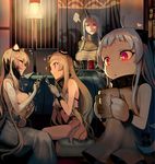  4girls :o airfield_hime bare_shoulders blush_stickers breasts commentary cup dress drink drinking_glass elbow_gloves flying_sweatdrops gloves heart highres holding holding_cup horn horns indoors kantai_collection lamp large_breasts long_hair looking_at_another midway_hime mittens mug multiple_girls night northern_ocean_hime open_mouth parted_lips red_eyes seaport_hime shinkaisei-kan sitting sleeveless sleeveless_dress smile sparkle spoken_ellipsis steam strip_game strip_poker sweatdrop tray walzrj white_dress white_gloves white_hair window 