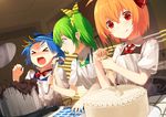 &gt;_&lt; blonde_hair blue_bow blue_hair bow bruise_on_face cirno closed_eyes daiyousei eyebrows_visible_through_hair green_eyes green_hair hair_bow hair_ribbon highres ladle looking_at_another looking_away multiple_girls open_mouth red_bow red_eyes ribbon rumia sh_(562835932) short_hair short_ponytail side_ponytail sweatdrop team_9 tearing_up tongue tongue_out touhou yellow_ribbon 