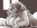  anthro bed bed_sheet bedding big_breasts black_nose blush breasts depth_of_field feline female hair hand_on_head huge_breasts inside inviting lion long_hair looking_at_viewer lying mammal monochrome nipples nude on_bed on_front open_mouth setouchi_kurage smile solo 