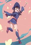  ass blue_hat blush boots brown_hair c_home full_body hat high_heel_boots high_heels highres holding holding_wand kagari_atsuko knee_boots little_witch_academia long_sleeves looking_at_viewer open_mouth red_eyes smile solo teeth wand 