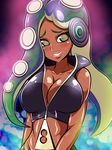  aokura_shou bare_shoulders breasts cleavage commentary_request dark_skin highres iida_(splatoon) large_breasts looking_at_viewer midriff octarian smile solo splatoon_(series) splatoon_2 tentacle_hair zipper 