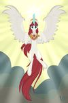  2016 cloud crown day equine feathered_wings feathers female feral flying friendship_is_magic hair horn jewelry lauren_faust magic mammal my_little_pony necklace outside purple_eyes red_hair sky solo spread_wings sun virenth white_feathers winged_unicorn wings 