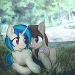  2017 black_hair blush bow_tie duo earth_pony equine eye_contact female feral friendship_is_magic grass hair horn horse mammal mirroredsea multicolored_hair my_little_pony octavia_(mlp) outside pony purple_eyes red_eyes tree unicorn vinyl_scratch_(mlp) 