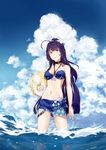  absurdres ahoge bad_id bad_pixiv_id ball beachball benghuai_xueyuan black_hair blush bow breasts choker cleavage eyebrows_visible_through_hair hair_bow highres holding holding_ball jin_yun large_breasts looking_at_viewer navel ponytail purple_eyes raiden_mei smile solo white_bow 