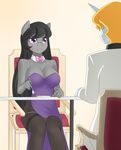  2015 anthro anthrofied black_hair blonde_hair blush bow_tie breasts cleavage clothed clothing dress duo earth_pony equine female fork friendship_is_magic hair hi_res horn horse jonfawkes legwear mammal my_little_pony octavia_(mlp) plate pony purple_eyes sitting stockings table unicorn 