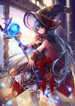  bad_id bad_pixiv_id black_hat blue_hair blush breasts cape cleavage hat holding holding_staff large_breasts long_hair looking_at_viewer original parted_lips red_eyes shenteita solo staff thighhighs white_legwear witch witch_hat 
