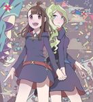  absurdres back-to-back blue_eyes brown_hair candy diana_cavendish dress food hallu highres holding_hands kagari_atsuko light_green_hair little_witch_academia long_hair looking_at_viewer multicolored_hair multiple_girls open_mouth red_eyes school_uniform smile yuri 