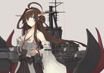  absurdres ahoge bare_shoulders black_skirt breasts brown_hair cleavage collarbone detached_sleeves double_bun floating_hair grey_eyes hair_intakes hairband hands_on_hips highres japanese_clothes kantai_collection kongou_(kantai_collection) large_breasts long_hair long_sleeves looking_away looking_to_the_side machinery mikoto_(oi_plus) no_bra nontraditional_miko remodel_(kantai_collection) ribbon_trim rigging silver_background simple_background skirt solo turret wide_sleeves 