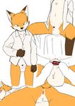  2017 animal_genitalia anus balls blush bottomless canine censored clothed clothing fox looking_at_viewer looking_back lying male mammal manmosu_marimo nude penis presenting senior_fox sheath simple_background sitting standing tagme white_background 