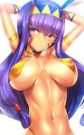  animal_ears arms_up bad_id bad_pixiv_id bad_proportions blush bracelet breasts collarbone covered_nipples dark_skin earrings egyptian egyptian_clothes eyebrows_visible_through_hair facial_mark fate/grand_order fate_(series) hairband hoop_earrings jackal_ears jewelry large_breasts long_hair looking_at_viewer navel nitocris_(fate/grand_order) pink_eyes purple_eyes purple_hair silly_(marinkomoe) smile solo very_long_hair 